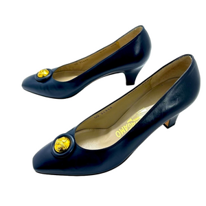 Vintage Navy Leather Salvatore Ferragamo Kitten Heels Gold Accent 8.5AA Pumps